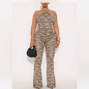 Fashion Nova Brown Zigzag Halter Jumpsuit